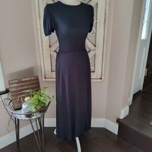 AFRM Women's Noir Short Flutter Sleeve Open Back Midi Dress Front Slit in Black